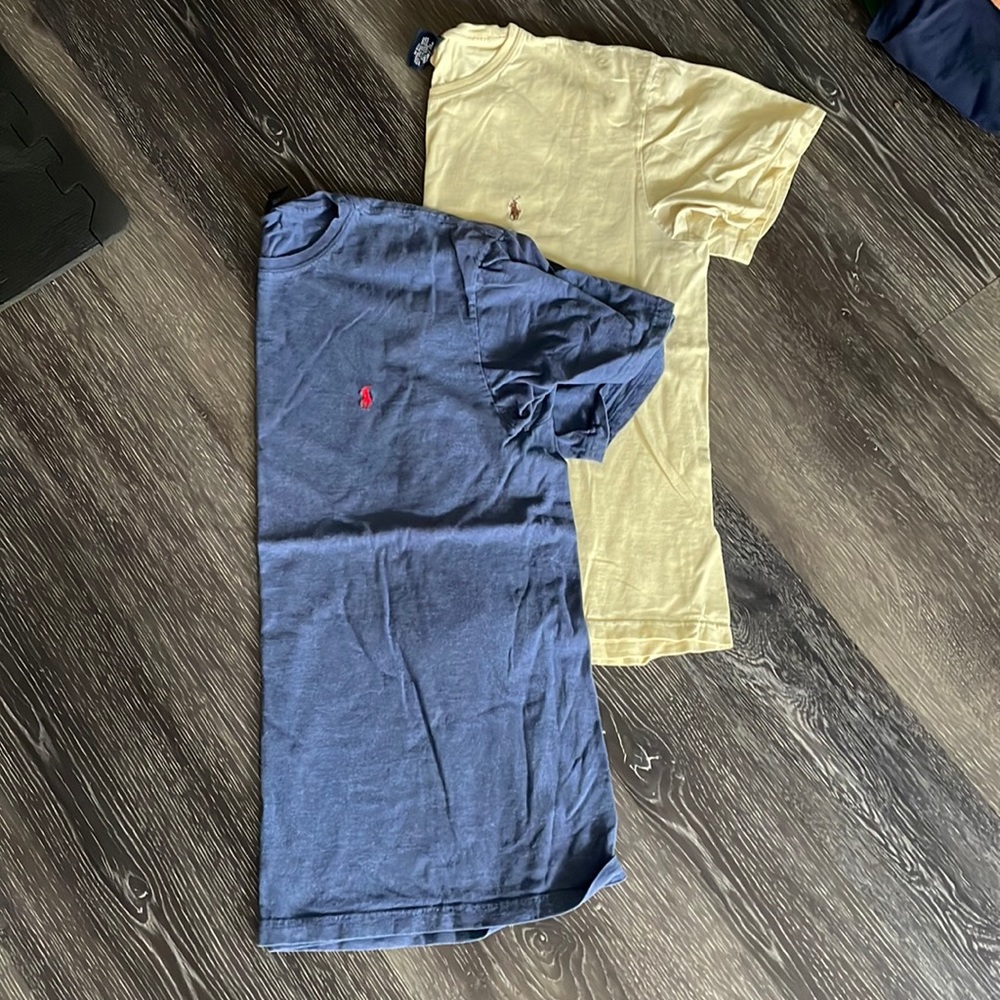 Two Polo by Ralph Lauren tshirts. One blue, one tan